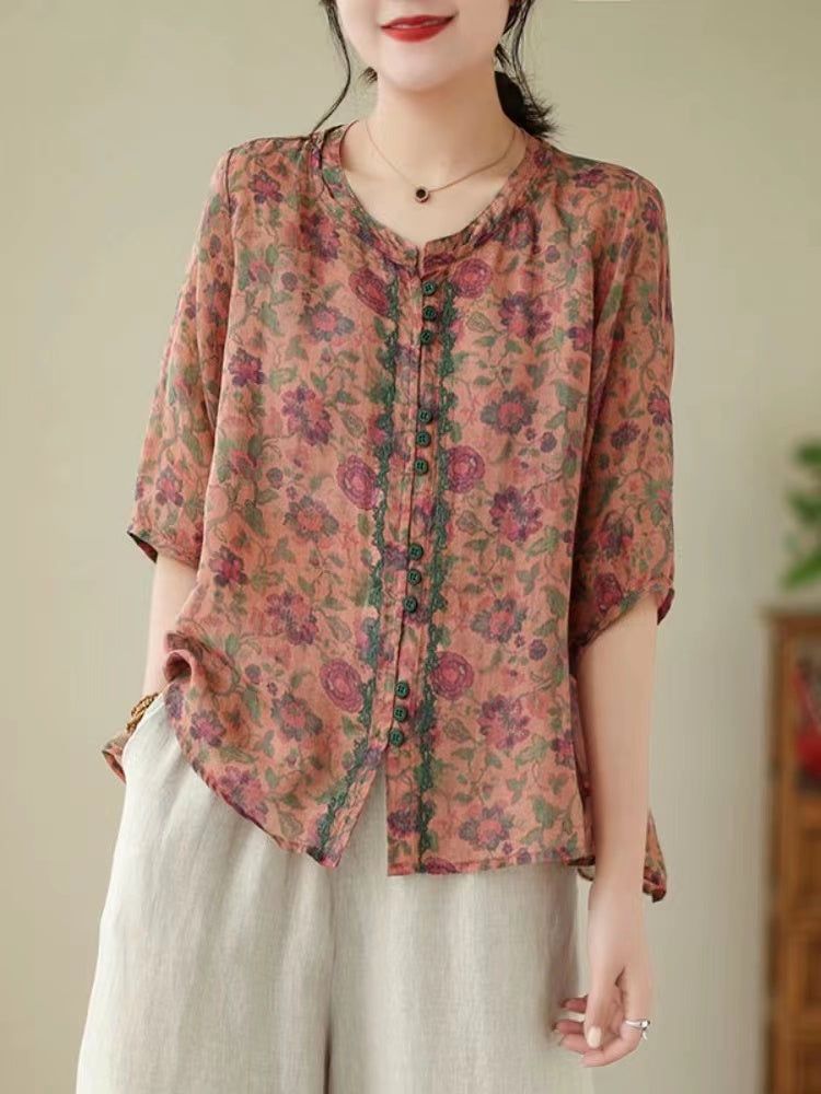 Elegant Printed Color Clash Cardigan Short Sleeve Cotton Blouse Top