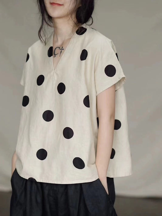 Women's Vintage V-Neck Dot Linen Slant Open Shirt