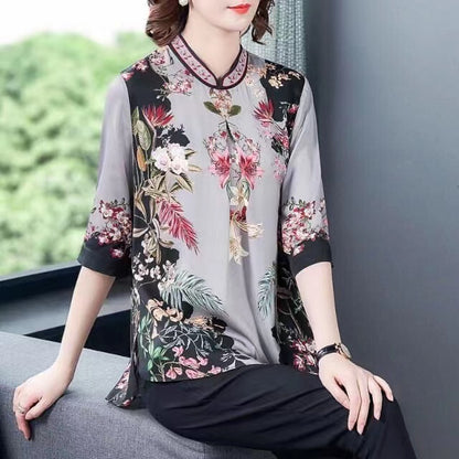 Fashion Standing Collar Printed Side Split Silk Half Skirt Shirt Top