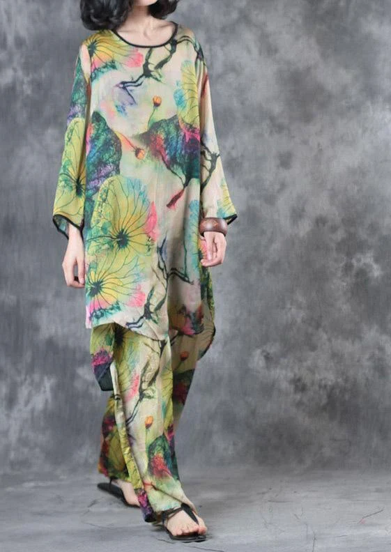 Printed Silk Top Loose Wide Leg Pants Two Piece Set