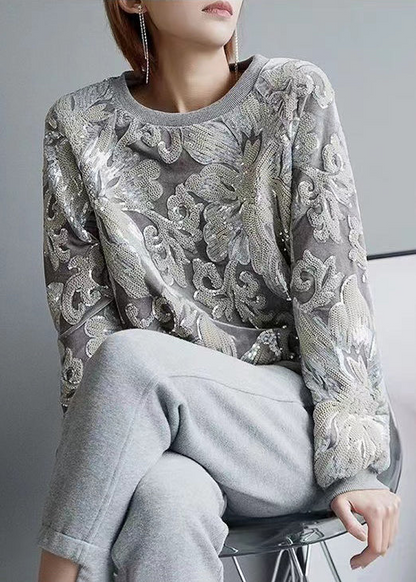 Handmade O Neck Embroidered Sequin Velvet Sweatshirt Top