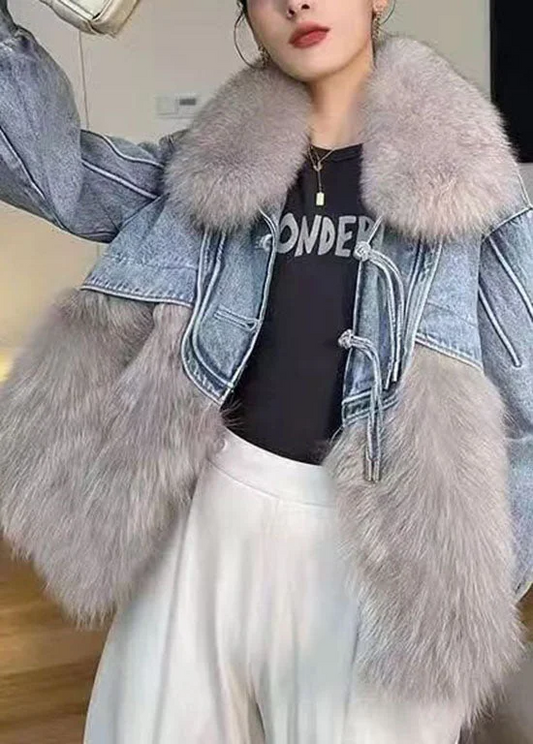 Women's Fringed Denim Patchwork Furry Fur Puffy Jacket