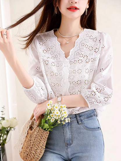 Elegant V-Neck Embroidered Hollow Out Lace Blouse Top