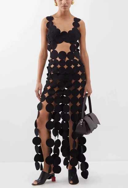 Elegant Black Round Piece Hollow Out Fringe Dress