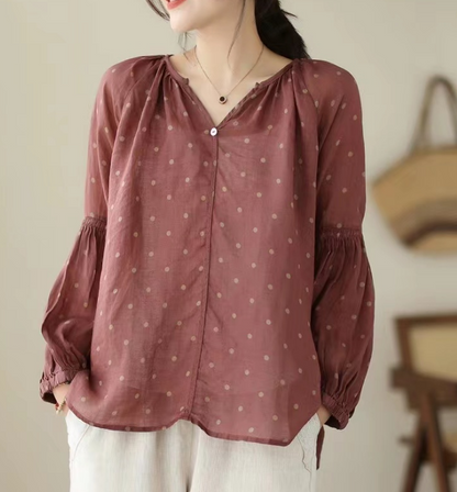 Elegant Printed Polka Dot V-Neck Linen Long Sleeve Shirt Top