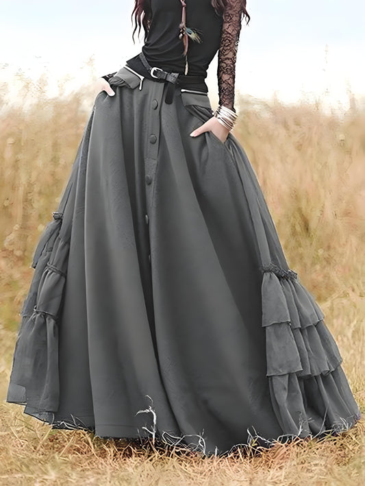 Women's Ruffle Patchwork Single Breasted Pocket Long Skirt