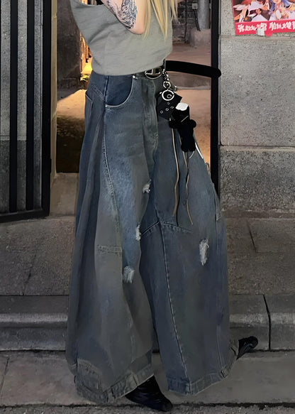 Women's Blue Hole Pocket Denim Wide Leg Pants Summer Spring