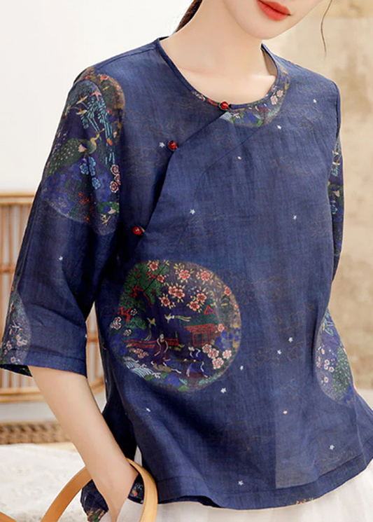 Elegant Button O Neck Printed Linen Shirt Half Sleeve Top