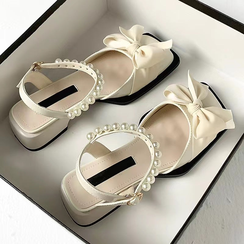 Fashion Beaded Bow Pearls Toe Wrap Khaki Sandals