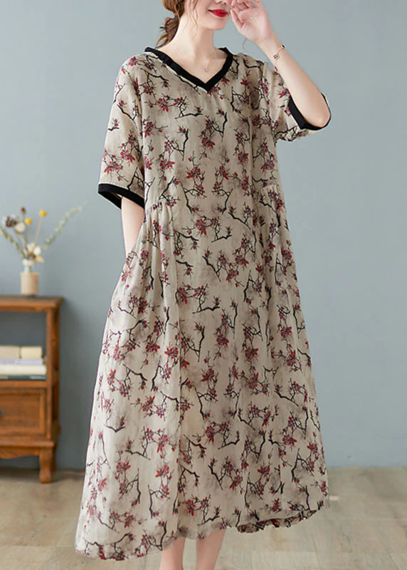 Elegant V-Neck Printed Linen Short Sleeve Dress