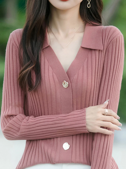 Women's Classic Lapel Ribbed Knit Cardigan Fall