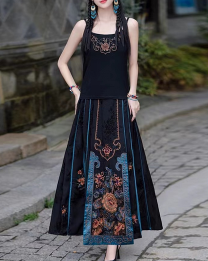 Elegant Vintage Embroidered Floral Pleated Skirt