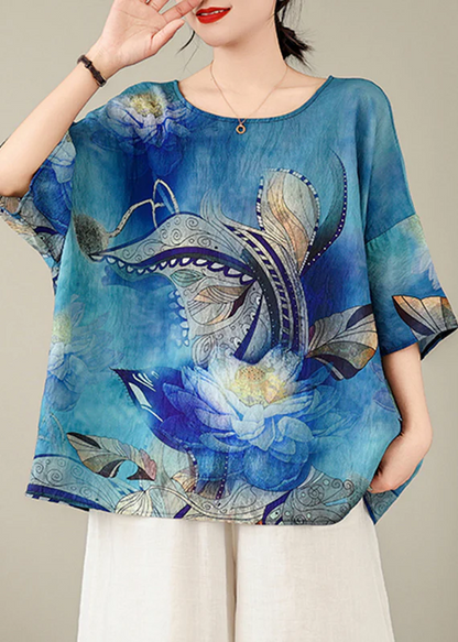 Loose Round Neck Printed Top Short Sleeve Bat Sleeve