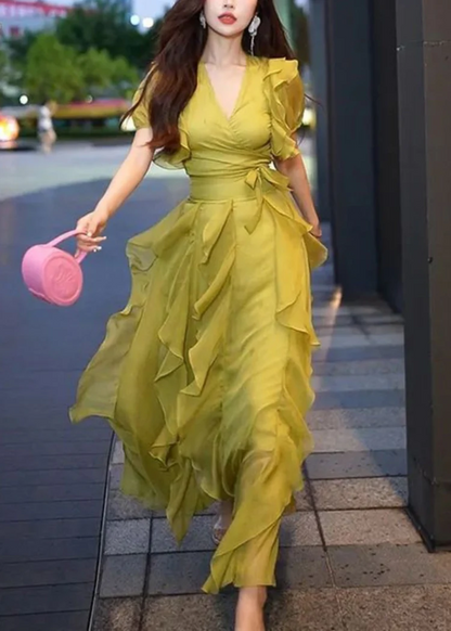 Elegant V-Neck Ruffled Chiffon Long Dress