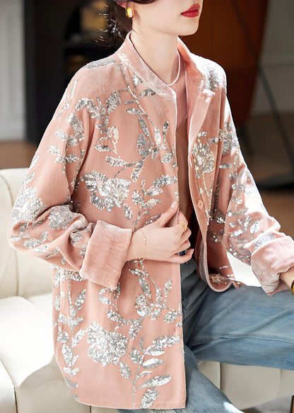 Women's Pink Sequin Button Velvet Long Sleeve Jacket Spring