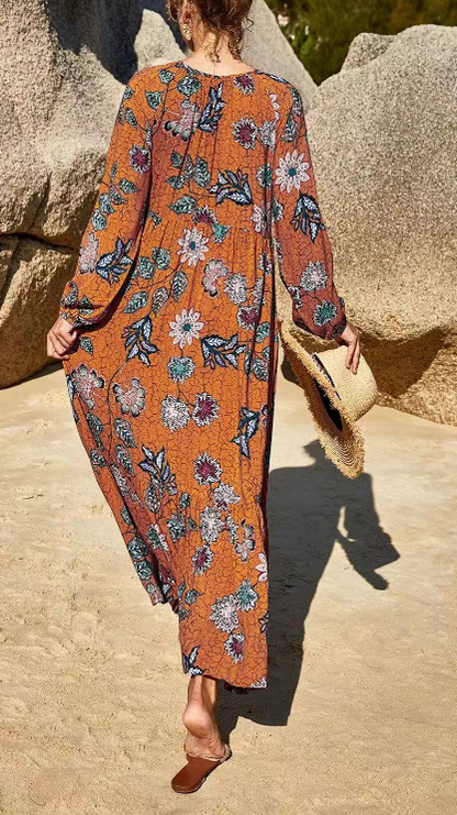 Elegant Printed Strappy Long Sleeve Dress