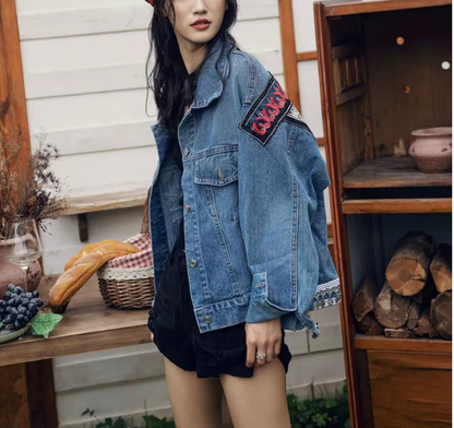 Bohemian Embroidered Willow Studded Short Denim Jacket