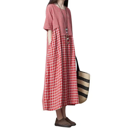 Vintage O Neck Patchwork Plaid Linen Loose Dress