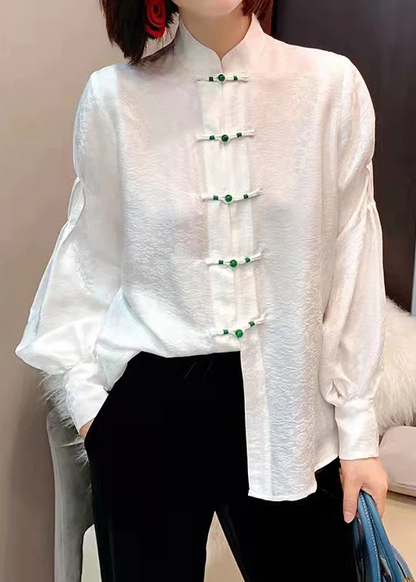 Chinese Style Standing Collar Button Jacquard Silk Lantern Sleeve Blouse Top