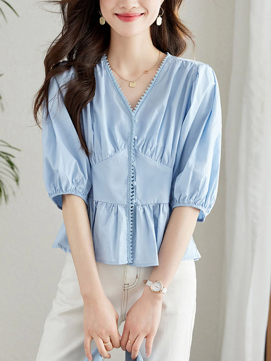 Elegant V-Neck Lantern Short Sleeve Cotton Blouse Top