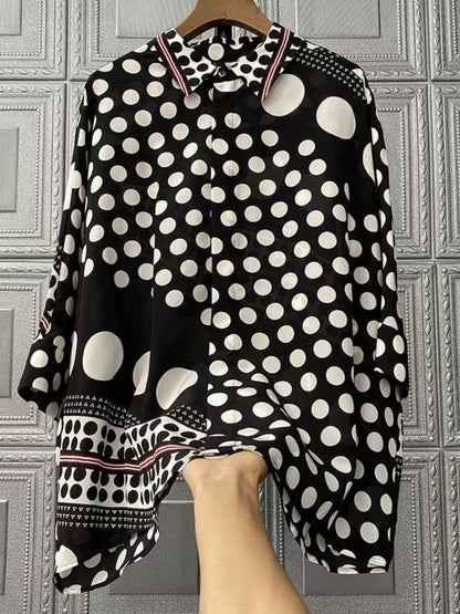 Fashion Black and White Polka Dot Silk Long Sleeve Shirt