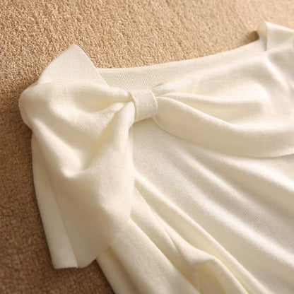 Elegant White Square Neck Bow Knit Top