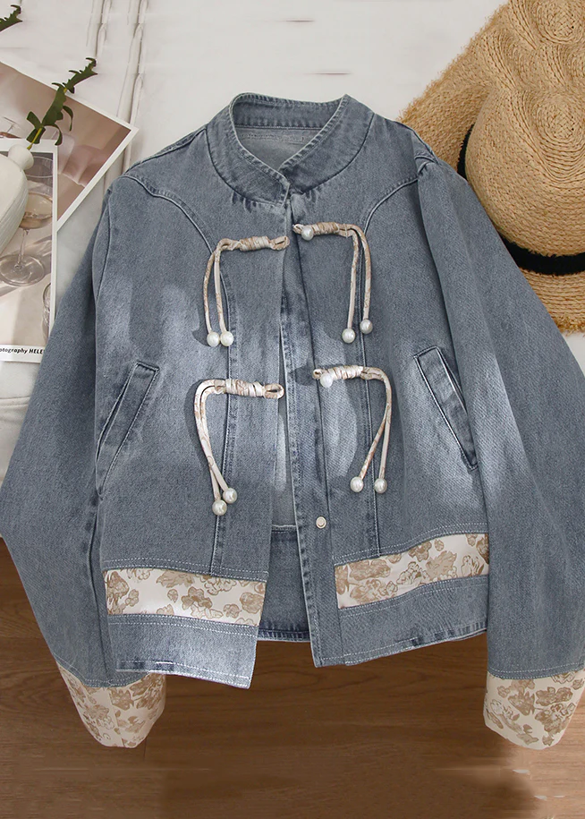 Casual Standing Collar Button Patchwork Denim Jacket Long Sleeve