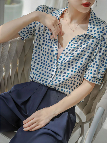 Elegant Printed Dot Bubble Sleeve Blouse Top