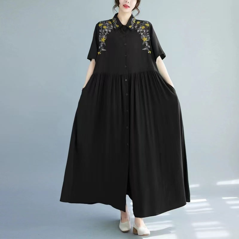 Elegant Lapel Embroidered Crushed Pleat Short Sleeve Shirt Dress