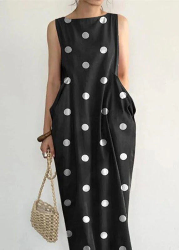 Colorblocked Polka Dot Print Pocket Long Sleeveless Dress