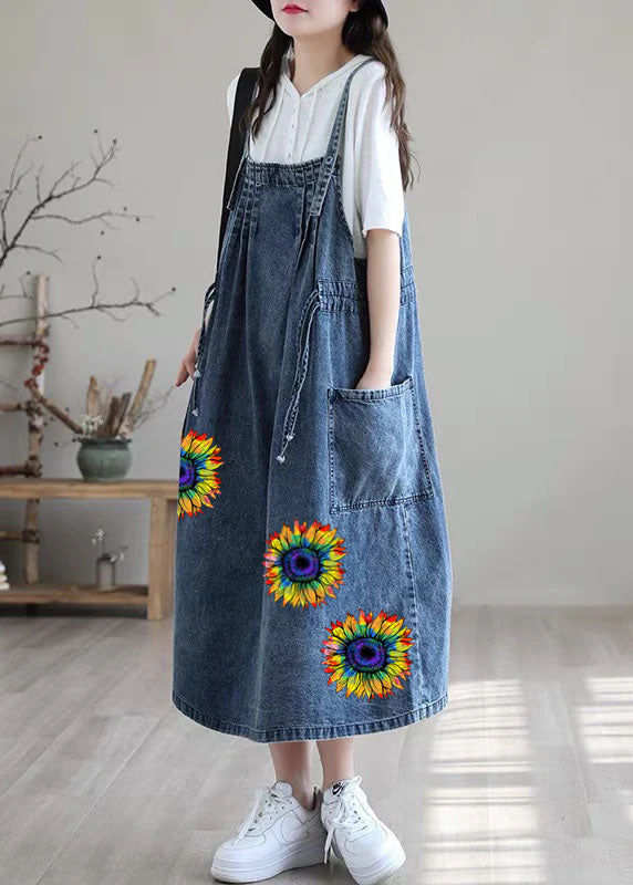 Plus Size Blue Drawstring Pocket Halter Denim Dress