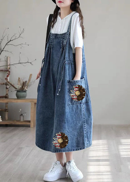 Plus Size Blue Drawstring Pocket Halter Denim Dress