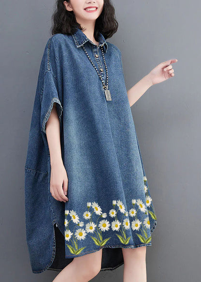 Loose Blue Button Down Short Sleeve Lapel Denim Dress