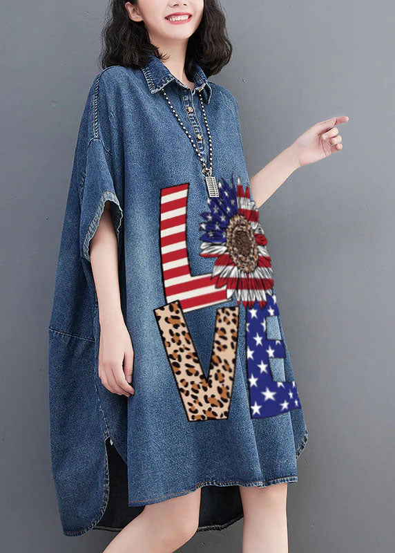 Loose Blue Button Down Short Sleeve Lapel Denim Dress