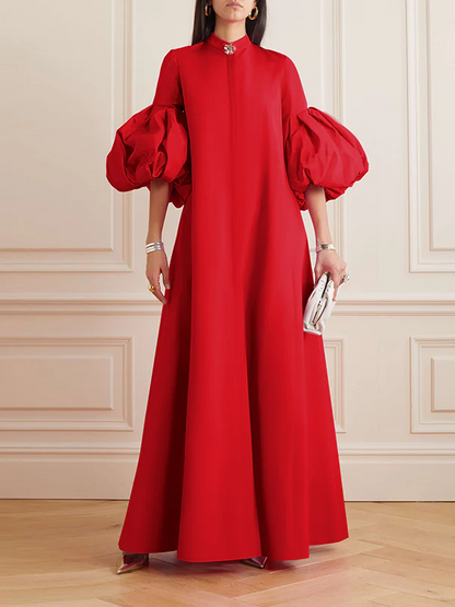 French Elegant Solid Colour Stand Collar Lantern Sleeve Long Dress