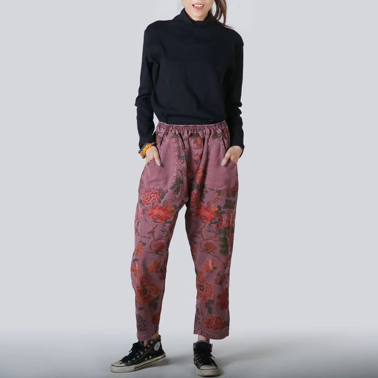 Pocket Printed Trousers Straight Leg Denim Stretch Waist