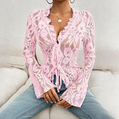 Women's Sexy Lace Hollow Out Flared Sleeve Tie Ruffle Shirt