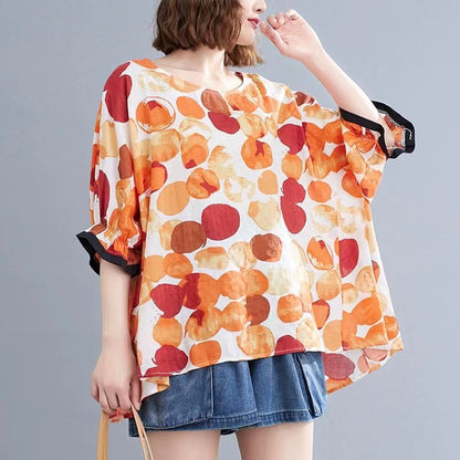 Loose Dot Bat Wing Sleeve Cotton T Shirt Top