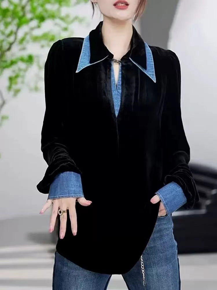 Elegant Denim Patchwork Velvet Blouse Top