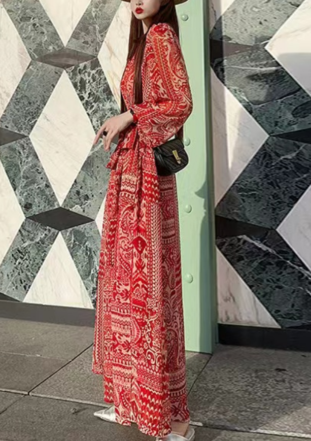 French Waisted Printed Long Sleeve Long Dresses