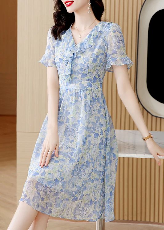 Elegant V-Neck Ruffle Print Short Sleeve Dress