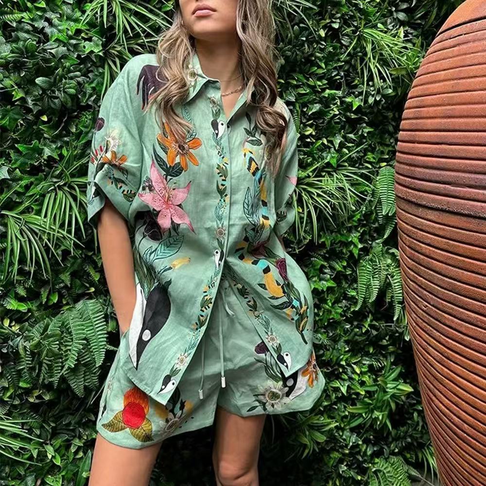 Women's Green Cardigan Shirt Printed Short Sleeve Set Spring