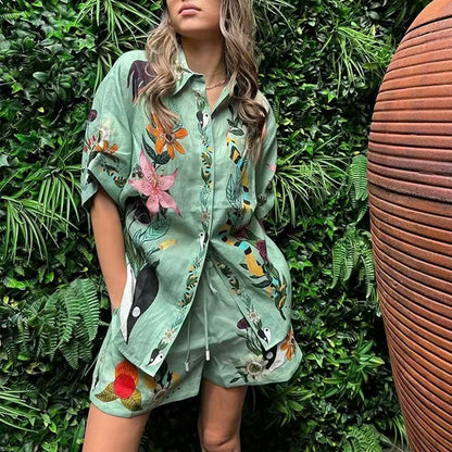 Women's Green Cardigan Shirt Printed Short Sleeve Set Spring