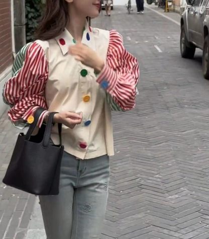 French Lapel Colorblocked Striped Shirt Top