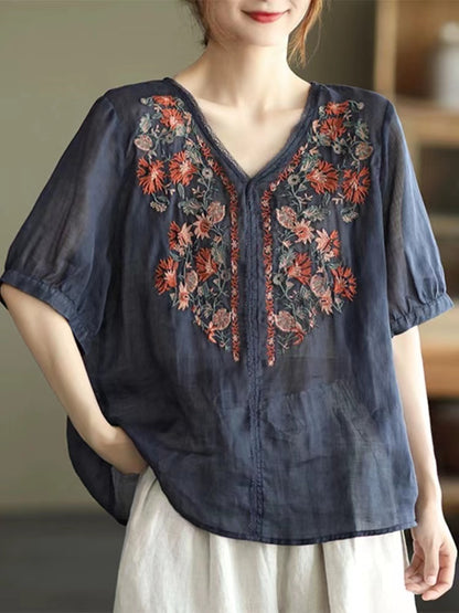 French Vintage Embroidered Cardigan Cotton Short Sleeve Shirt Top