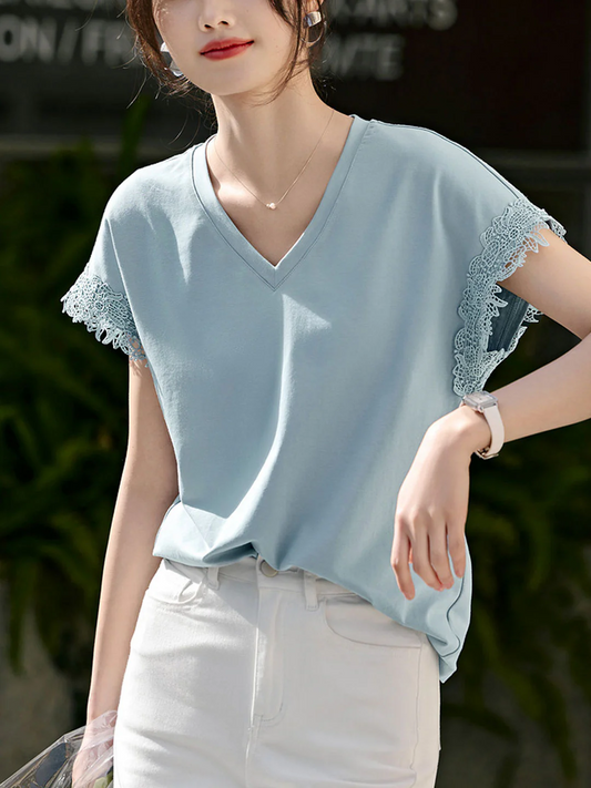 Elegant Shoulder Sleeve Lace Patchwork Short Sleeve Blouse Top