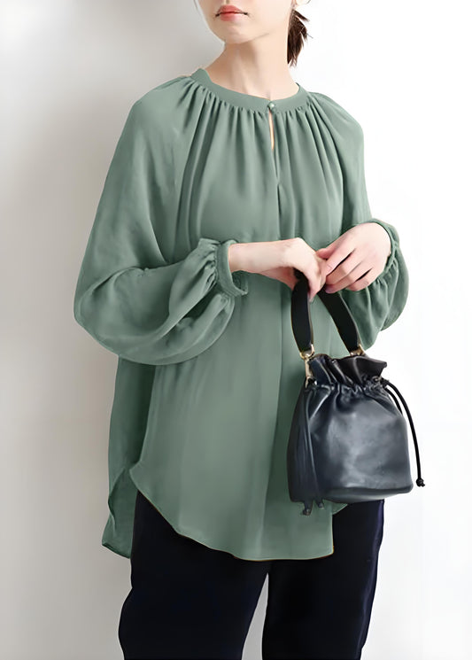 Women's Plus Size Green O Neck Ruched Shirt Top Spring