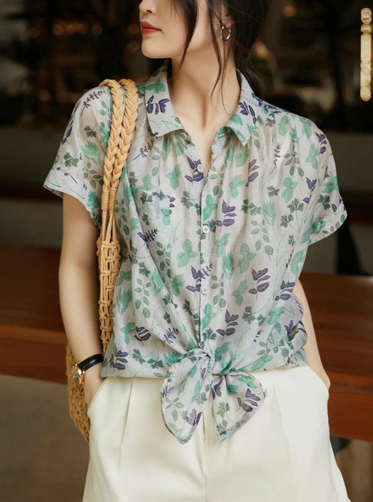 Elegant Lapel Floral Chiffon Short Sleeve Blouse Top