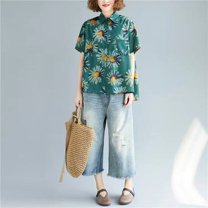 Loose Printed Lapel Short Sleeve Shirt Top