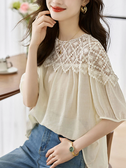 Elegant Lace Patchwork Cotton Interrupted Blouse Top